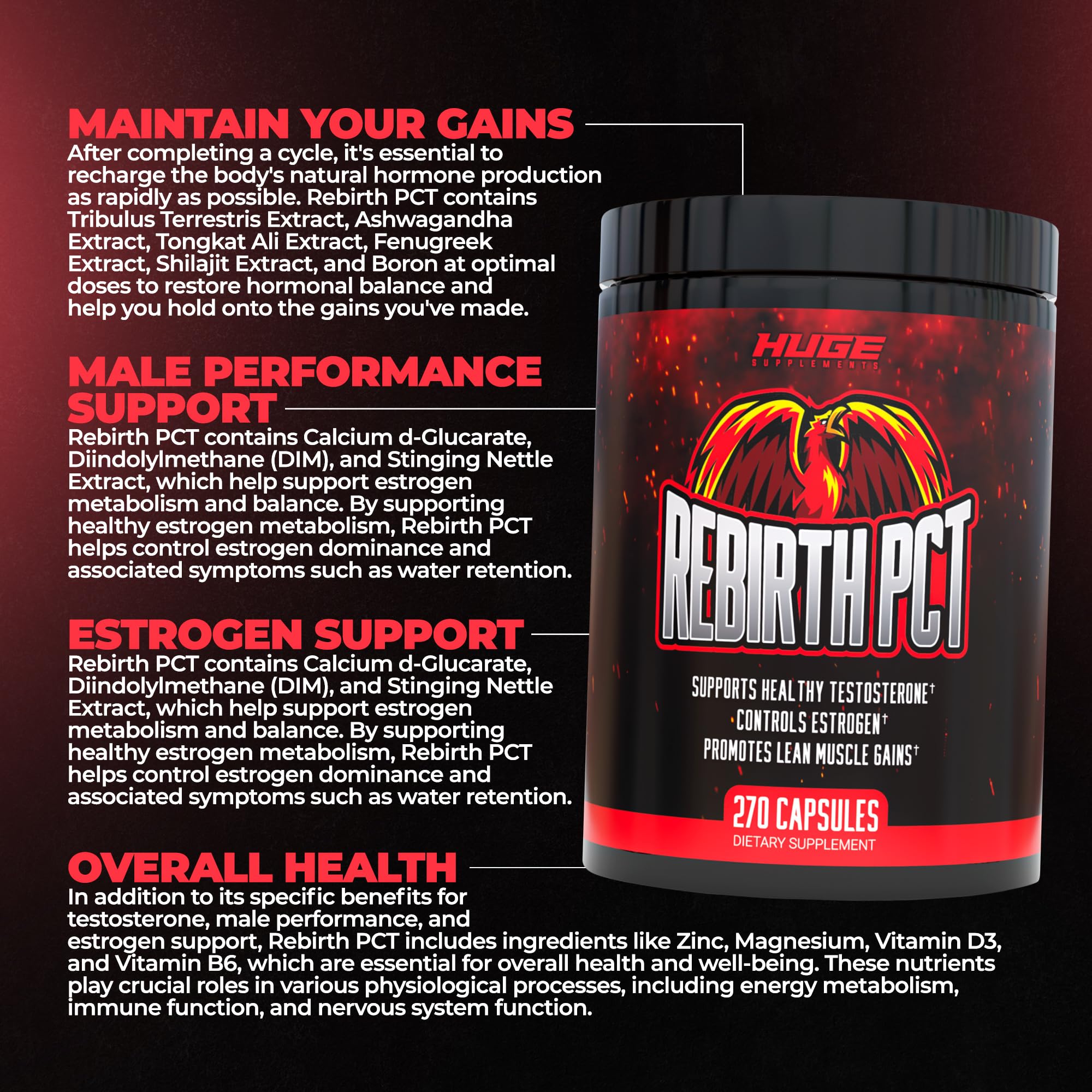 Huge Supplements Rebirth PCT label detail reveals 19 scientifically backed ingredients and dosages.