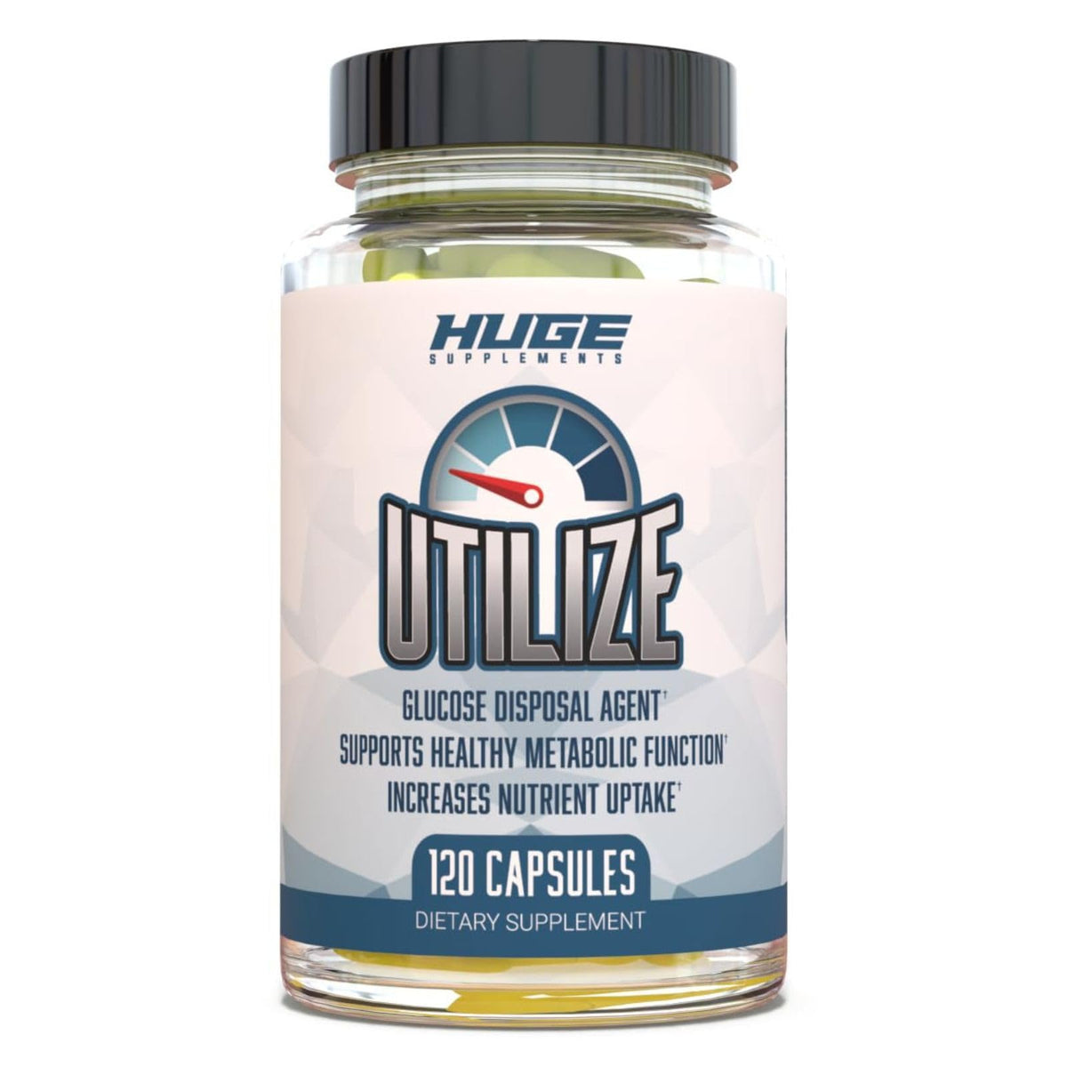 Huge Supplements Utilize bottle front showing GDA capsules for metabolic support