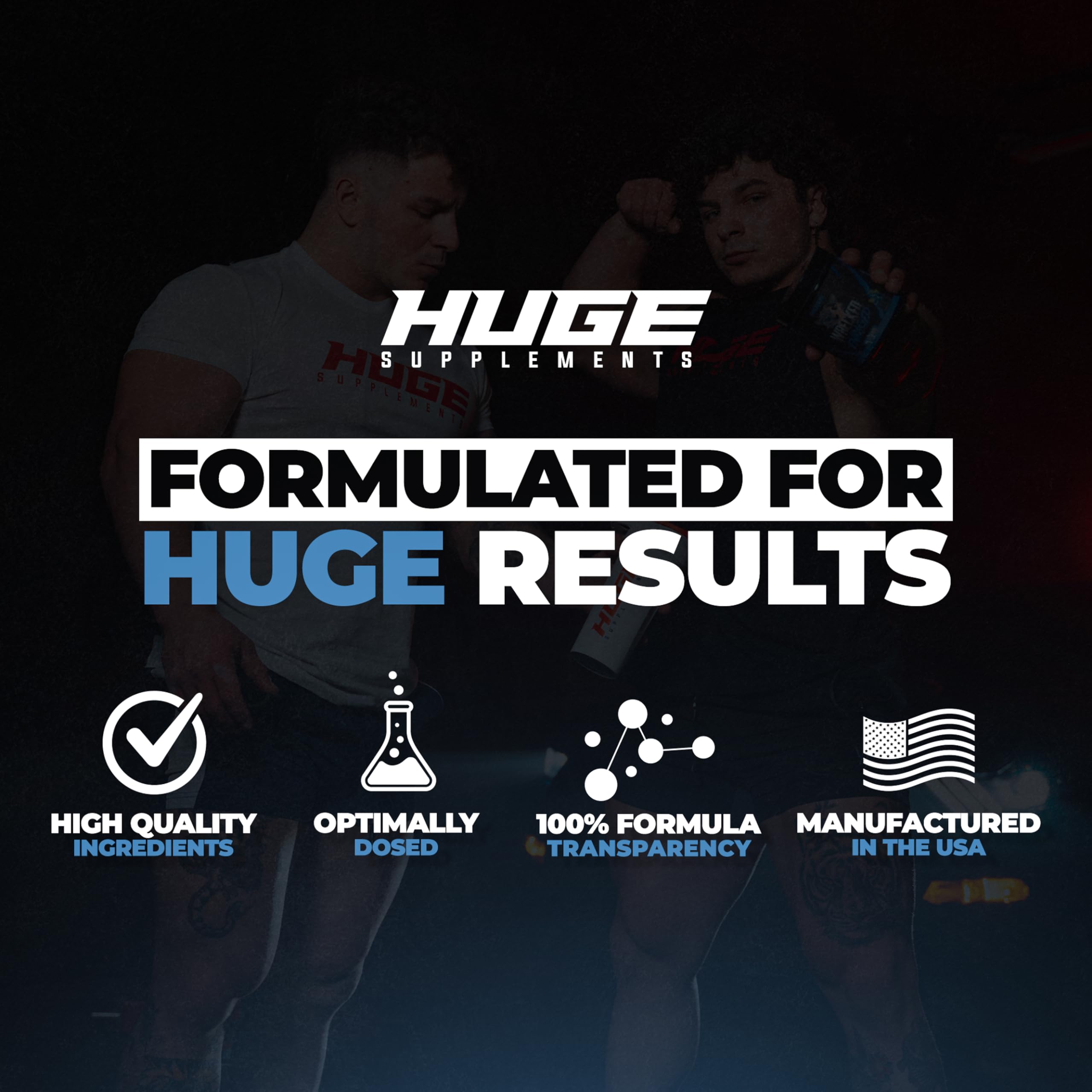Huge Supplements Utilize label close-up with ingredients and benefits