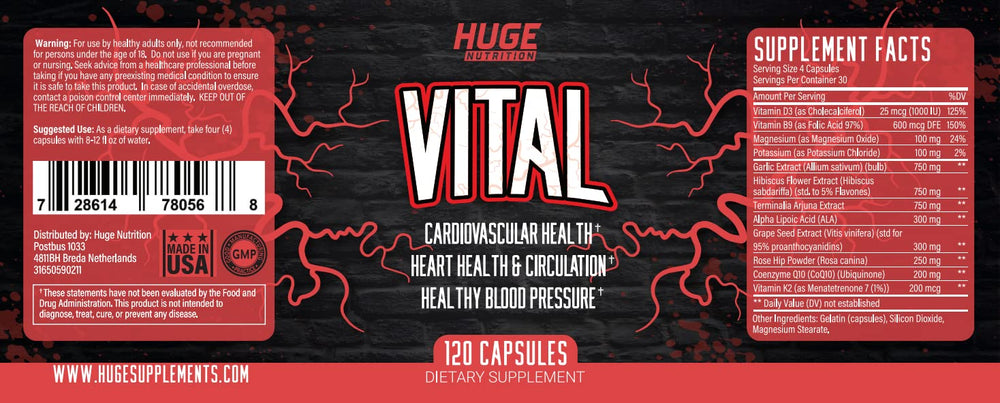 Huge Supplements Vital label and packaging emphasizes vegan, GMP-certified quality.
