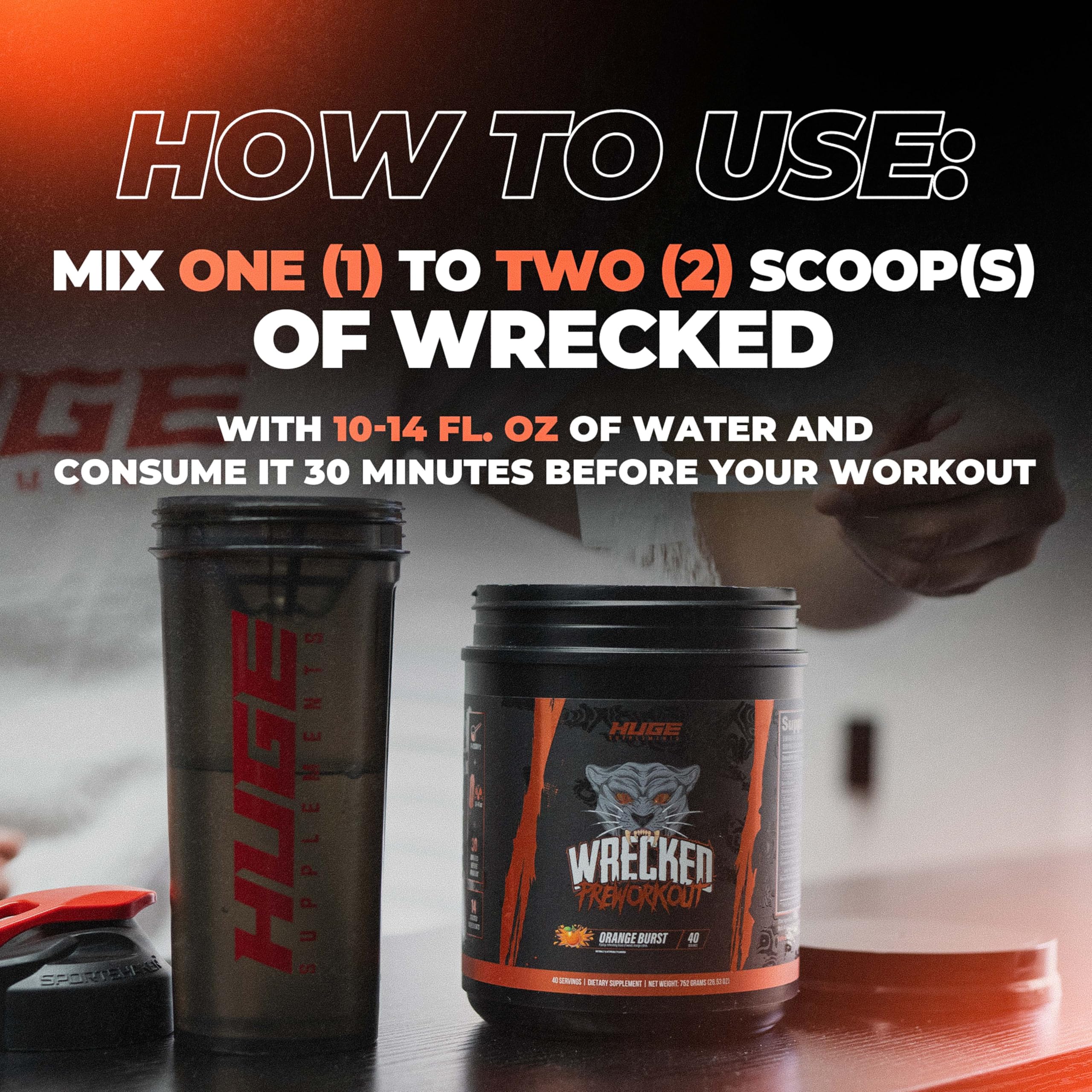 Huge Supplements Wrecked caffeine-content close-up emphasizing fast-acting energy