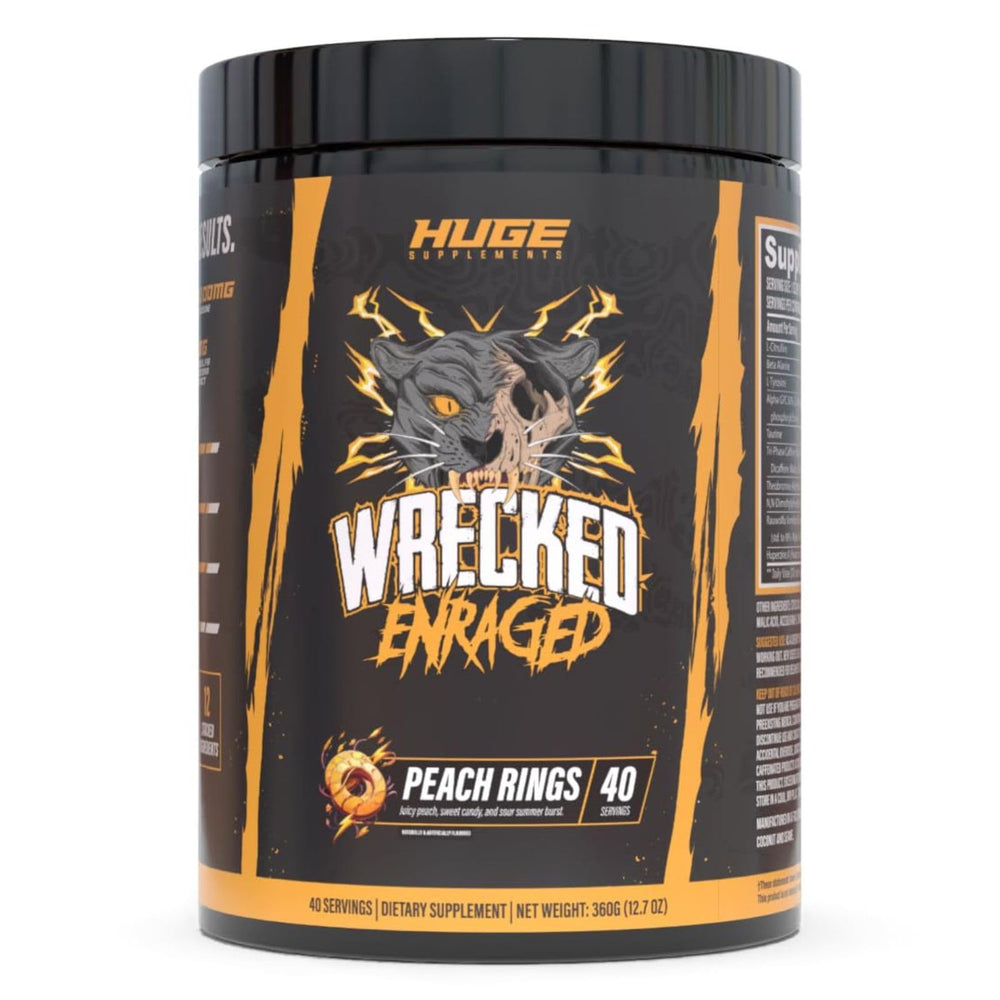 Huge Supplements Wrecked Enraged front label shows energy-focused formula for intense workouts.