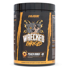 Huge Supplements Wrecked Enraged front label shows energy-focused formula for intense workouts.
