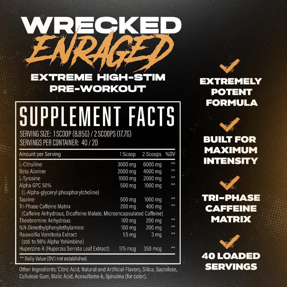 Huge Supplements Wrecked Enraged ingredient panel explains caffeine matrix for steady energy.