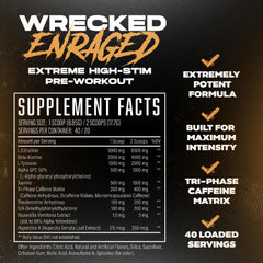 Huge Supplements Wrecked Enraged ingredient panel explains caffeine matrix for steady energy.