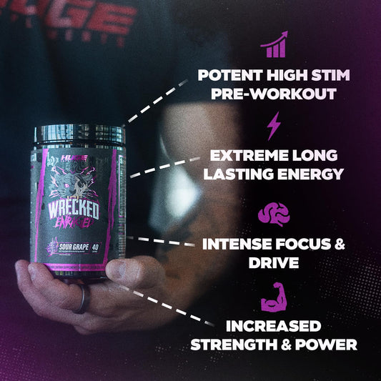 Huge Supplements Wrecked Enraged label closeup highlighting high-stim formula