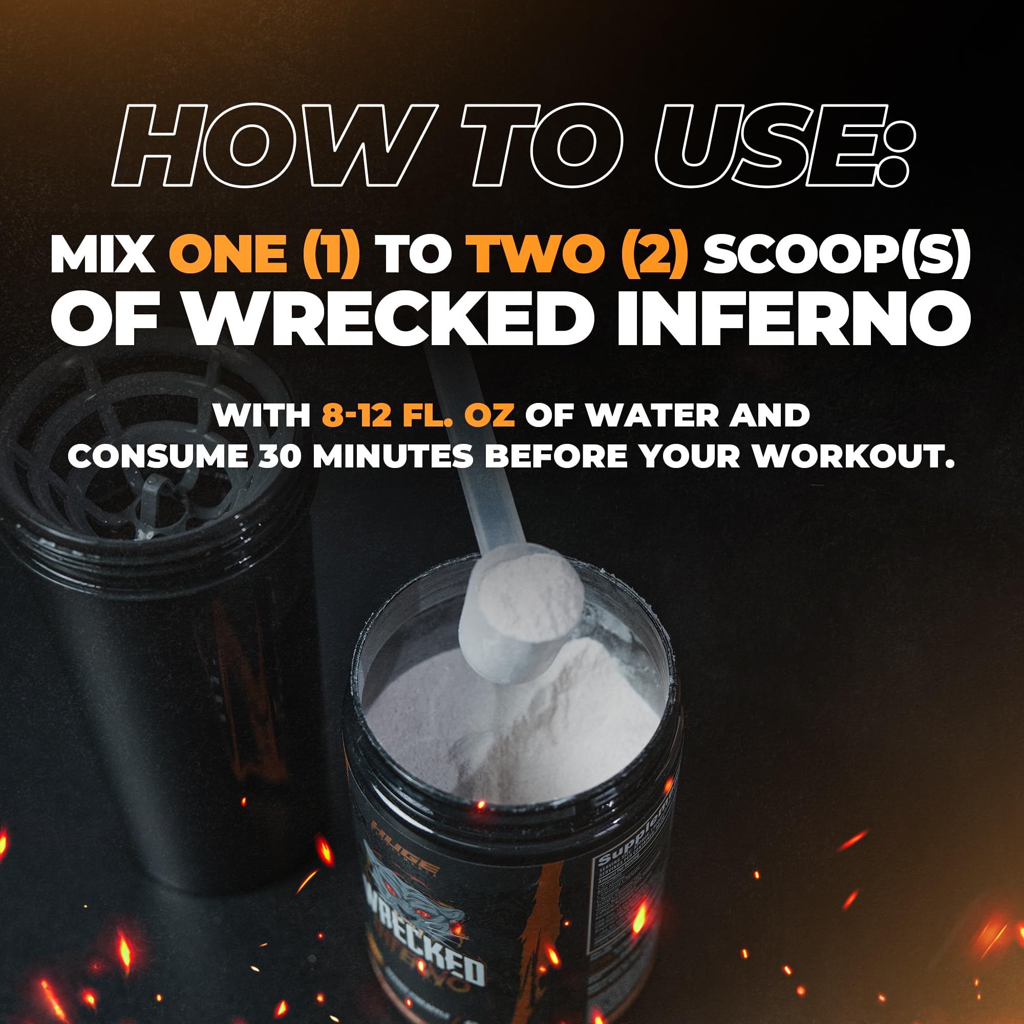 Huge Supplements Wrecked Inferno glass with shake showing consistent texture.