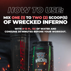 Huge Supplements Wrecked Inferno pre-workout mix dissolves smoothly for training sessions.