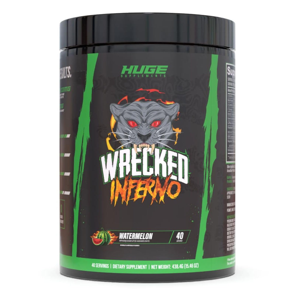 Huge Supplements Wrecked Inferno tub front label with transparent ingredients for informed workouts.