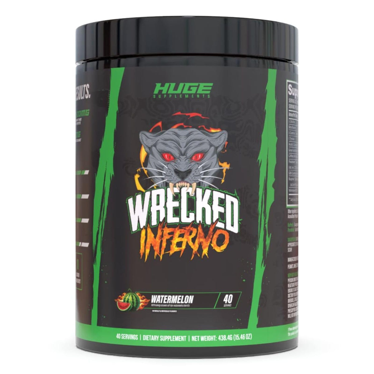 Huge Supplements Wrecked Inferno tub front label with transparent ingredients for informed workouts.