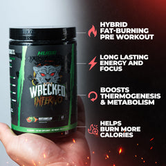 Huge Supplements Wrecked Inferno Watermelon flavor in glass for a refreshing pre-workout boost.
