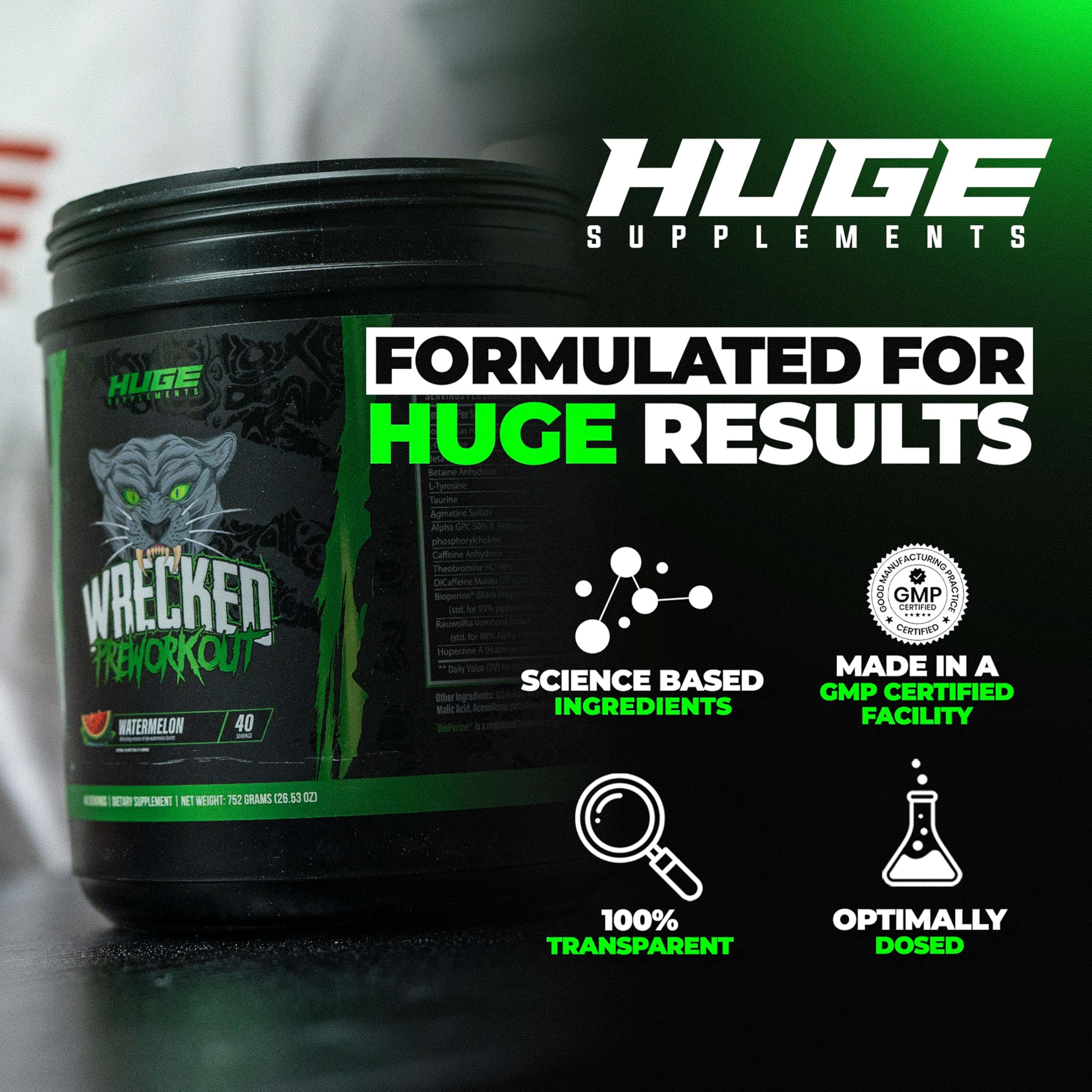 Huge Supplements Wrecked label closeup emphasizes watermelon flavor and blend.