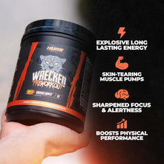 Huge Supplements Wrecked label close-up highlighting 14 ingredients for performance