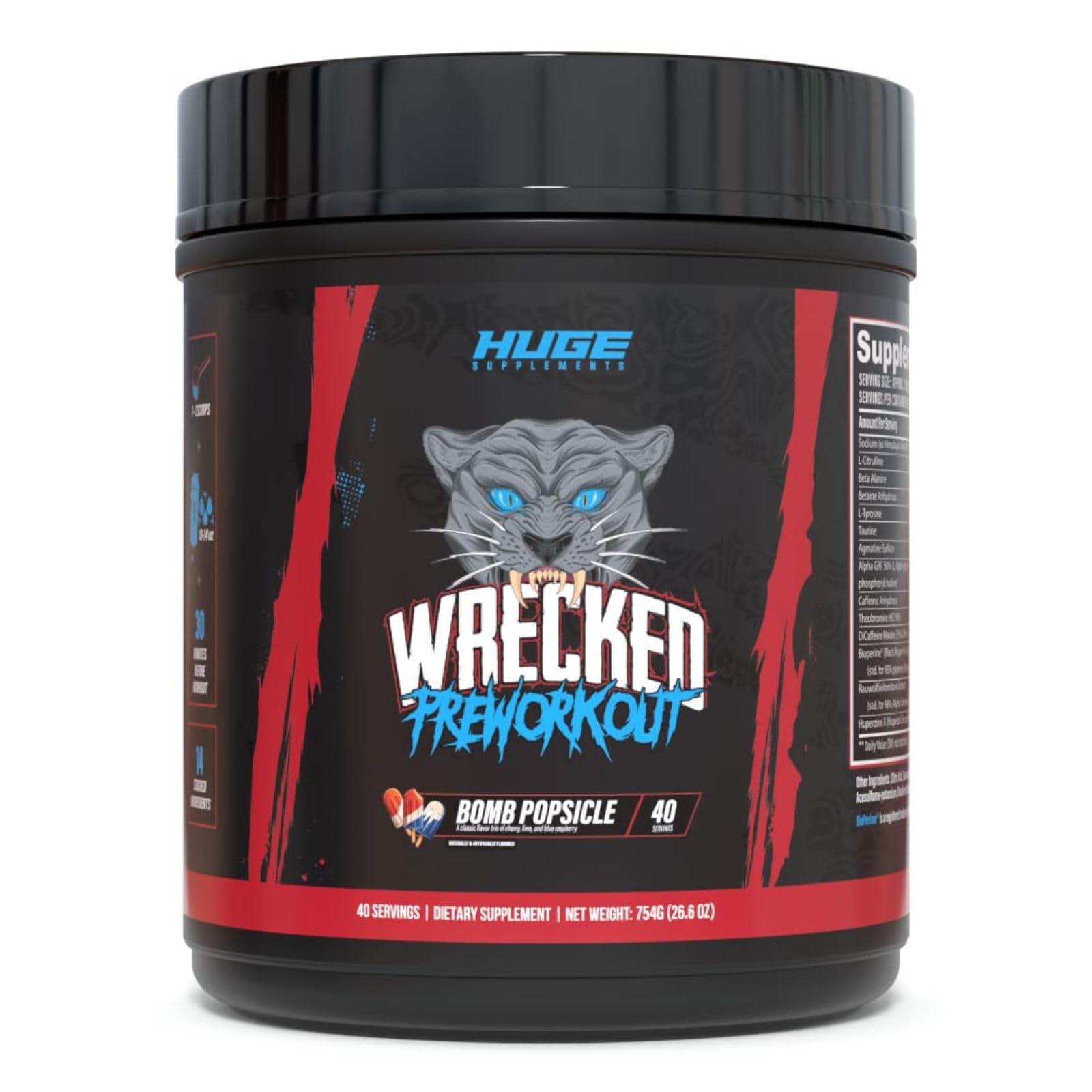 Huge Supplements Wrecked pre-workout bottle front with bold branding for gym use.