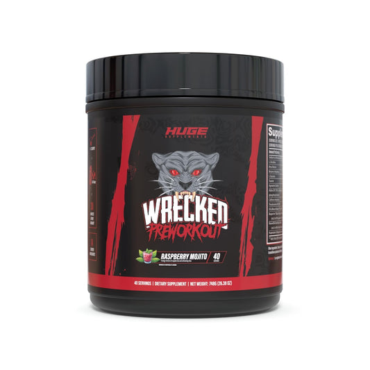 Huge Supplements Wrecked pre-workout bottle with energized focus and lasting pumps for intense training