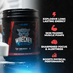Close-up of Huge Supplements Wrecked label highlighting ingredients and caffeine.