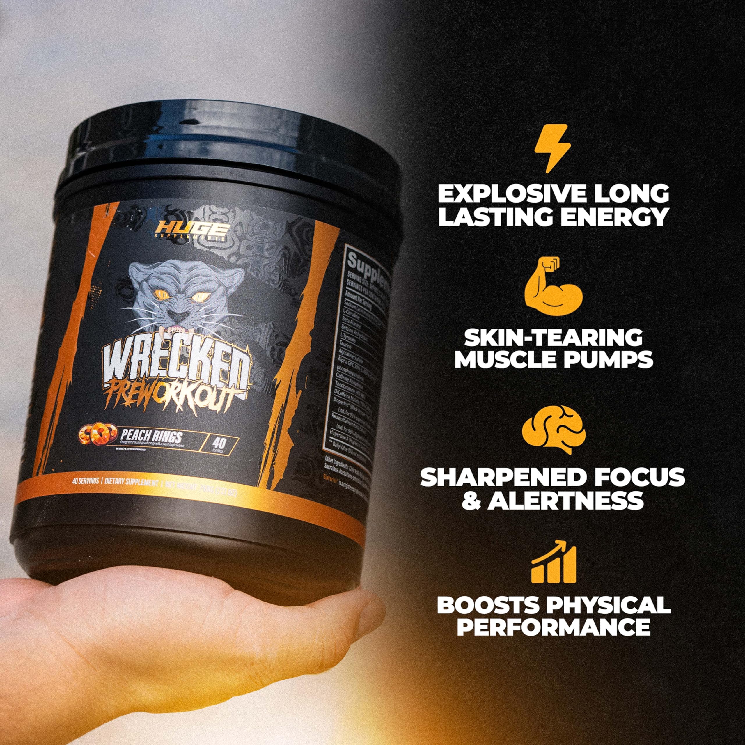 Huge Supplements Wrecked Pre-Workout tub-front emphasizes energy-boosting blend for gym sessions.