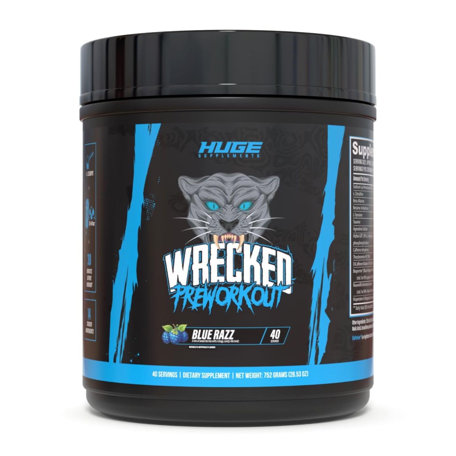 Huge Supplements Wrecked pre-workout tub front for intense training sessions