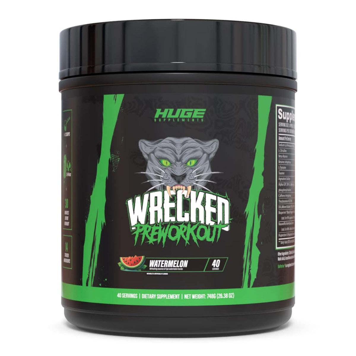 Huge Supplements Wrecked Watermelon tub front showcases energy-boosting pre-workout.