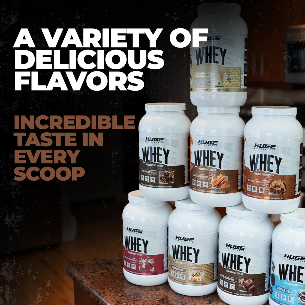 Huge Whey Chocolate Brownie powder image conveys flavor-rich shake experience