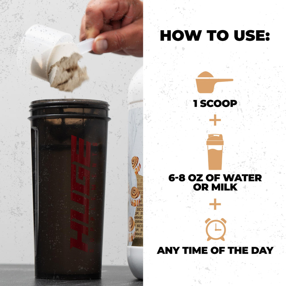 Huge Whey on gym bench supporting post-workout recovery and performance