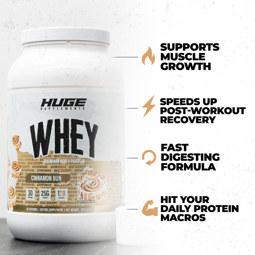 Scoop of Huge Whey in tub for precise, consistent protein intake