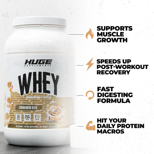 Scoop of Huge Whey in tub for precise, consistent protein intake