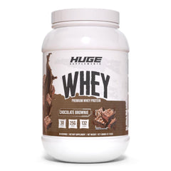 Huge Whey tub front with packaging for protein-packed workouts