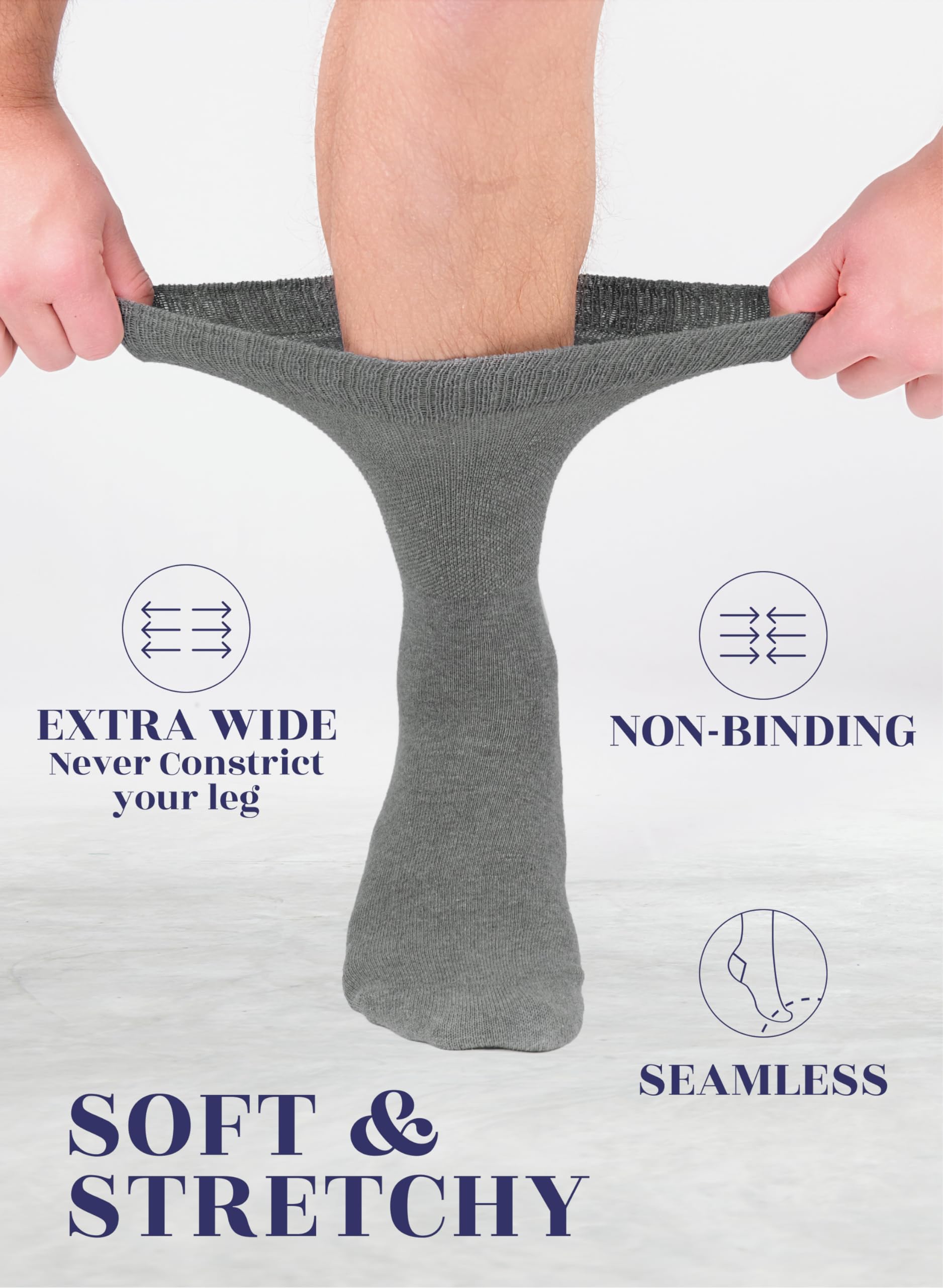 Hugh Ugoli diabetic crew socks with extra-wide top for easy on-off wear.