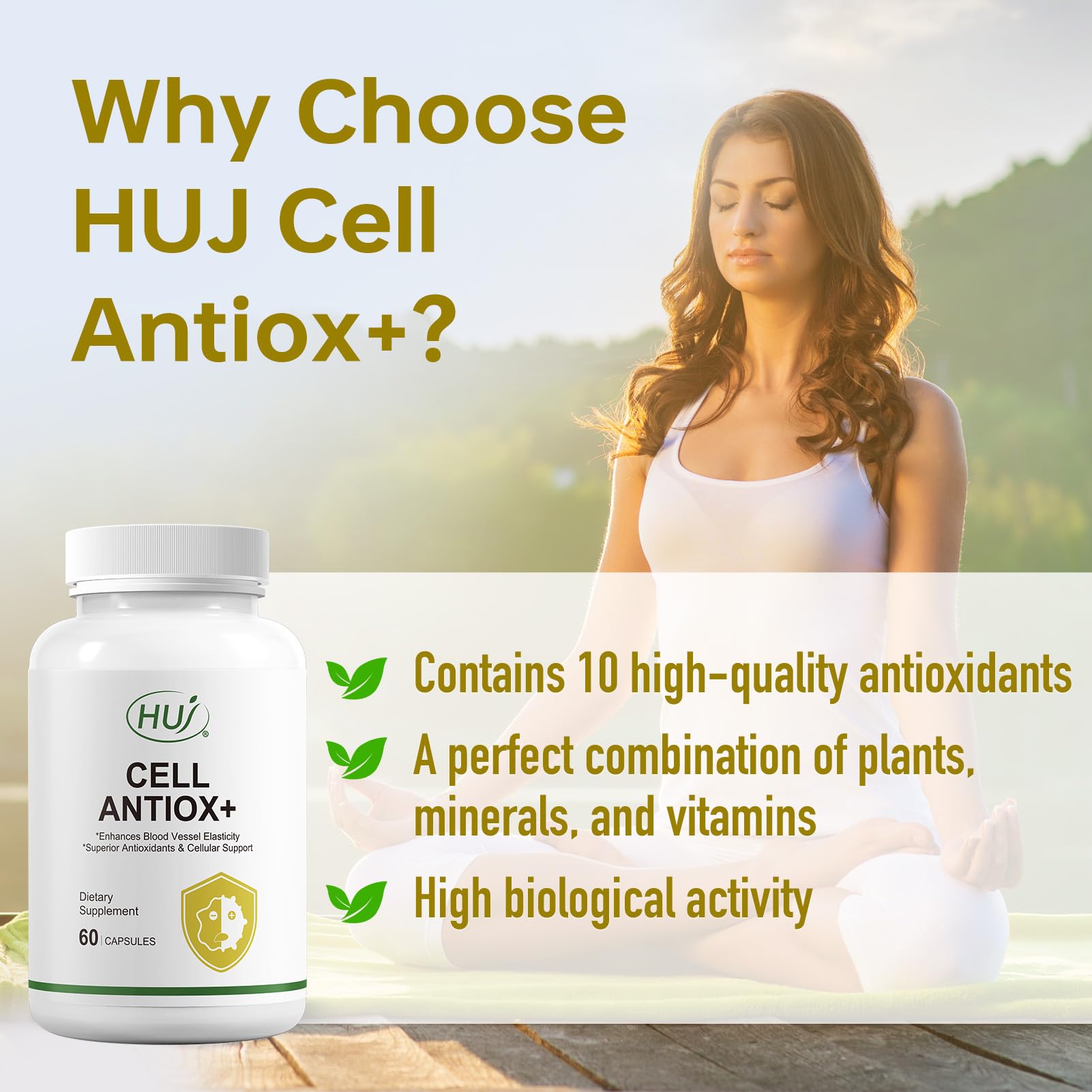 HUJ Cell Antiox+ label detail showing vitamins C and E for daily support
