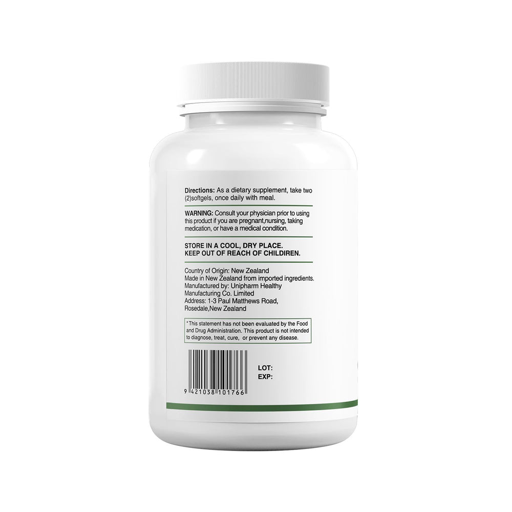 HUJ Omega-3 packaging close-up highlighting bottle and label information.