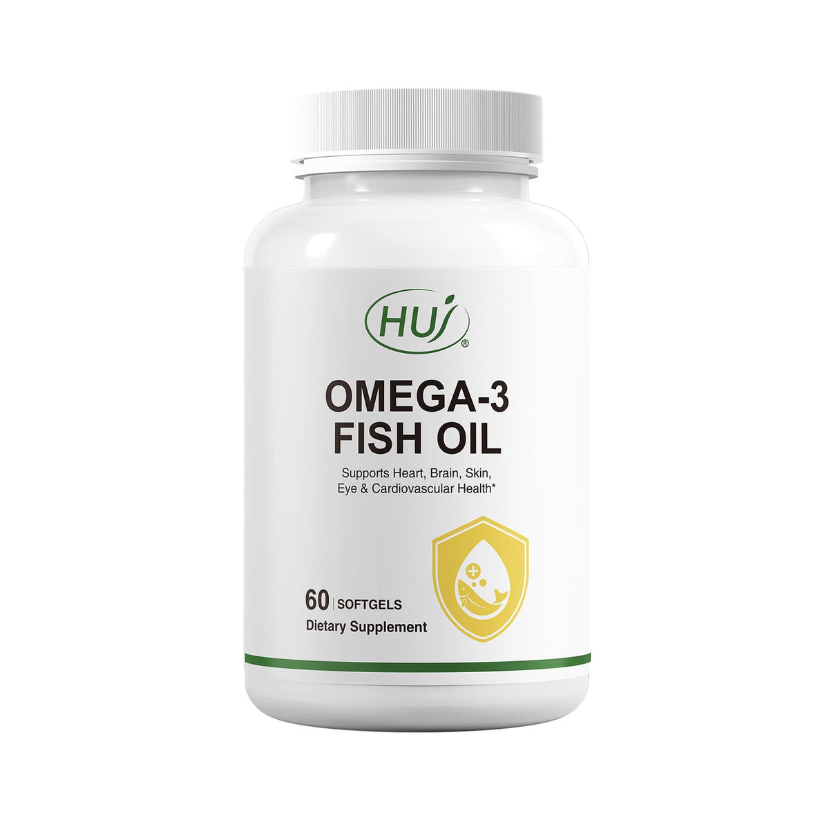 HUJ Omega-3 softgel bottle close-up, easy daily use for heart, brain, and eye support.