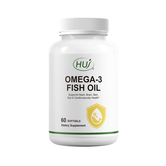 HUJ Omega-3 softgel bottle close-up, easy daily use for heart, brain, and eye support.