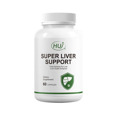 HUJ Super Liver Support bottle cap close-up showing vegetarian capsules for daily liver wellness.