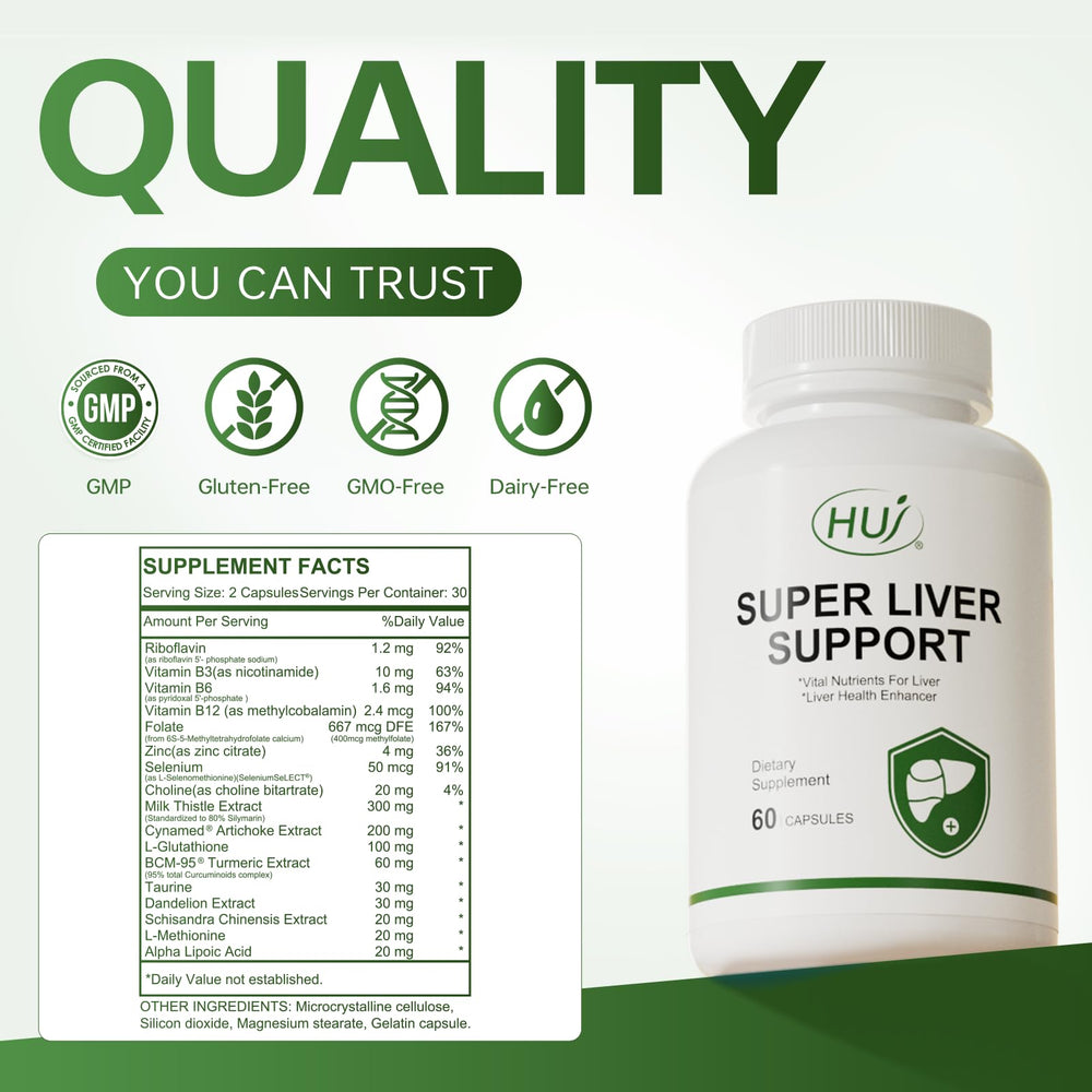 HUJ Super Liver Support dandelion root detail conveys cleansing-inspired herbal notes.