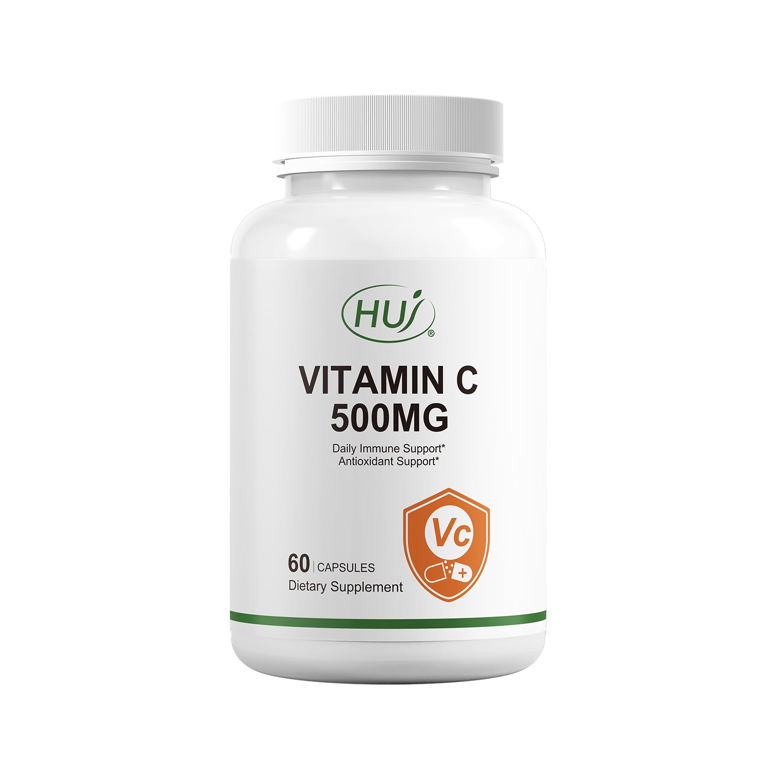 HUJ Vitamin C 500mg bottle label highlighting potency for daily immune support.