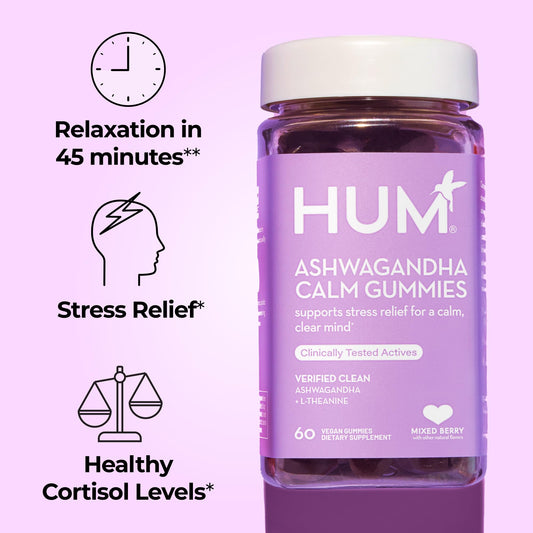 Close-up of HUM Calm gummies showing mixed berry flavor.
