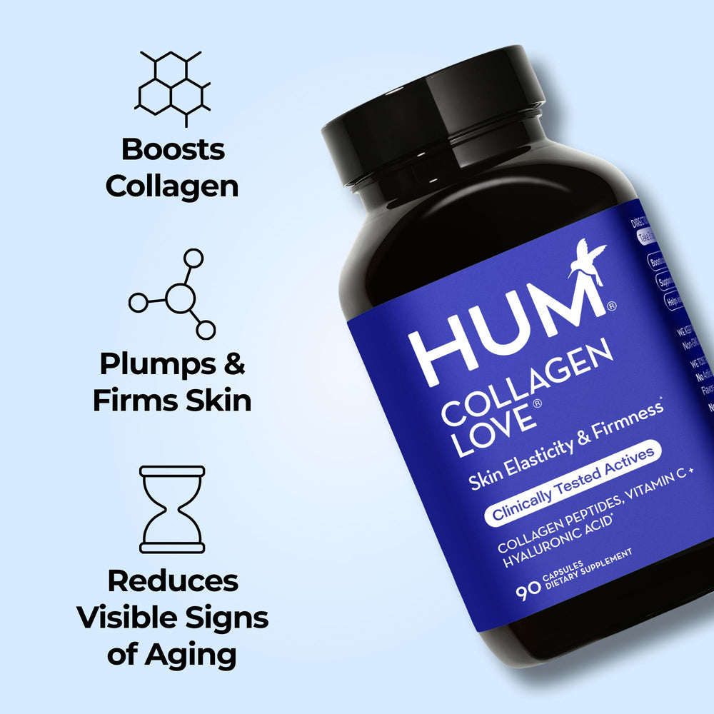 HUM Collagen Love Skin hyaluronic acid visual emphasizes moisture support.