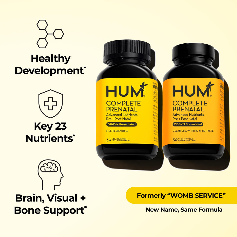 HUM Complete Prenatal bottle label shows folate and vegan DHA for early pregnancy support