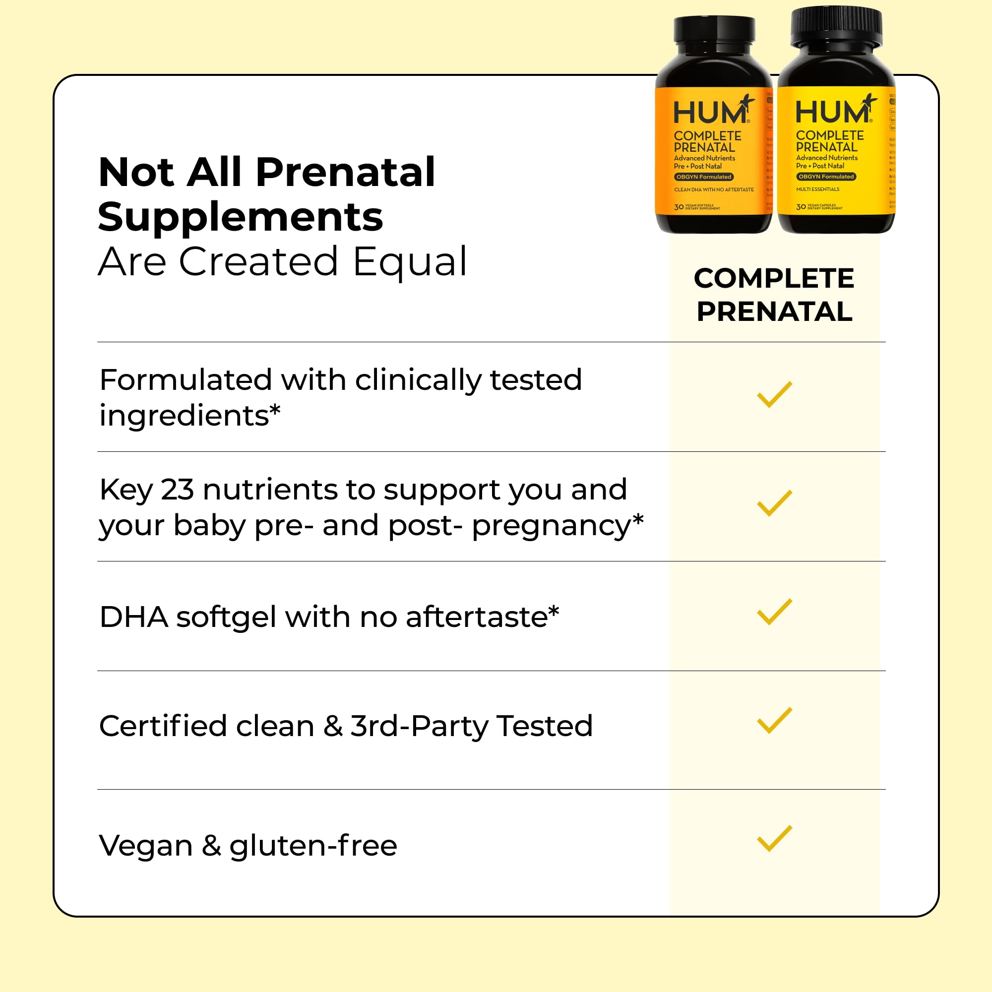 HUM Complete Prenatal packaging highlights gluten-free and non GMO