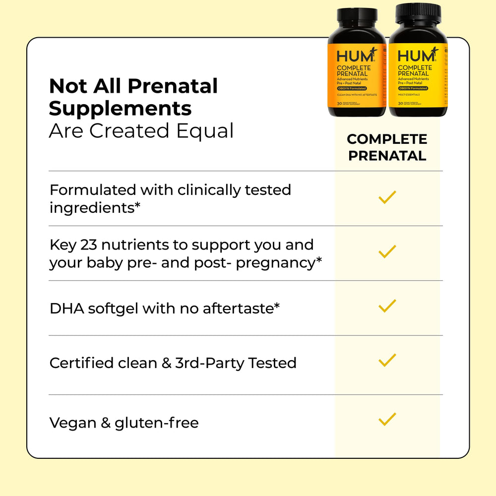 HUM Complete Prenatal packaging highlights gluten-free and non GMO