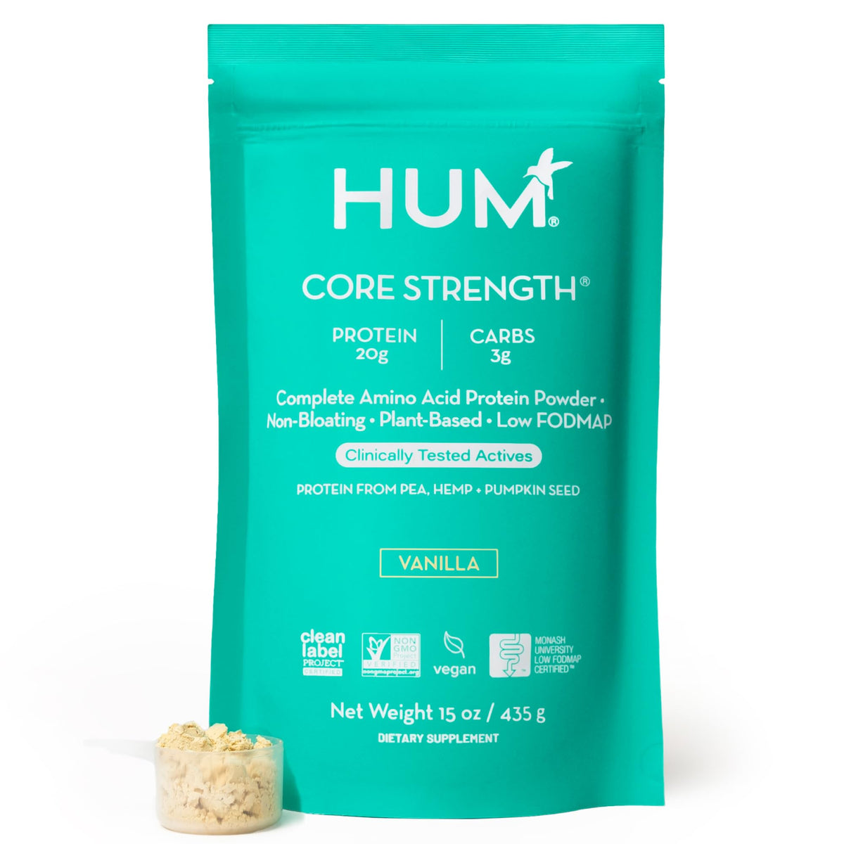 Hum Core Strength Vanilla protein powder bag with 20g plant-based protein per serving.
