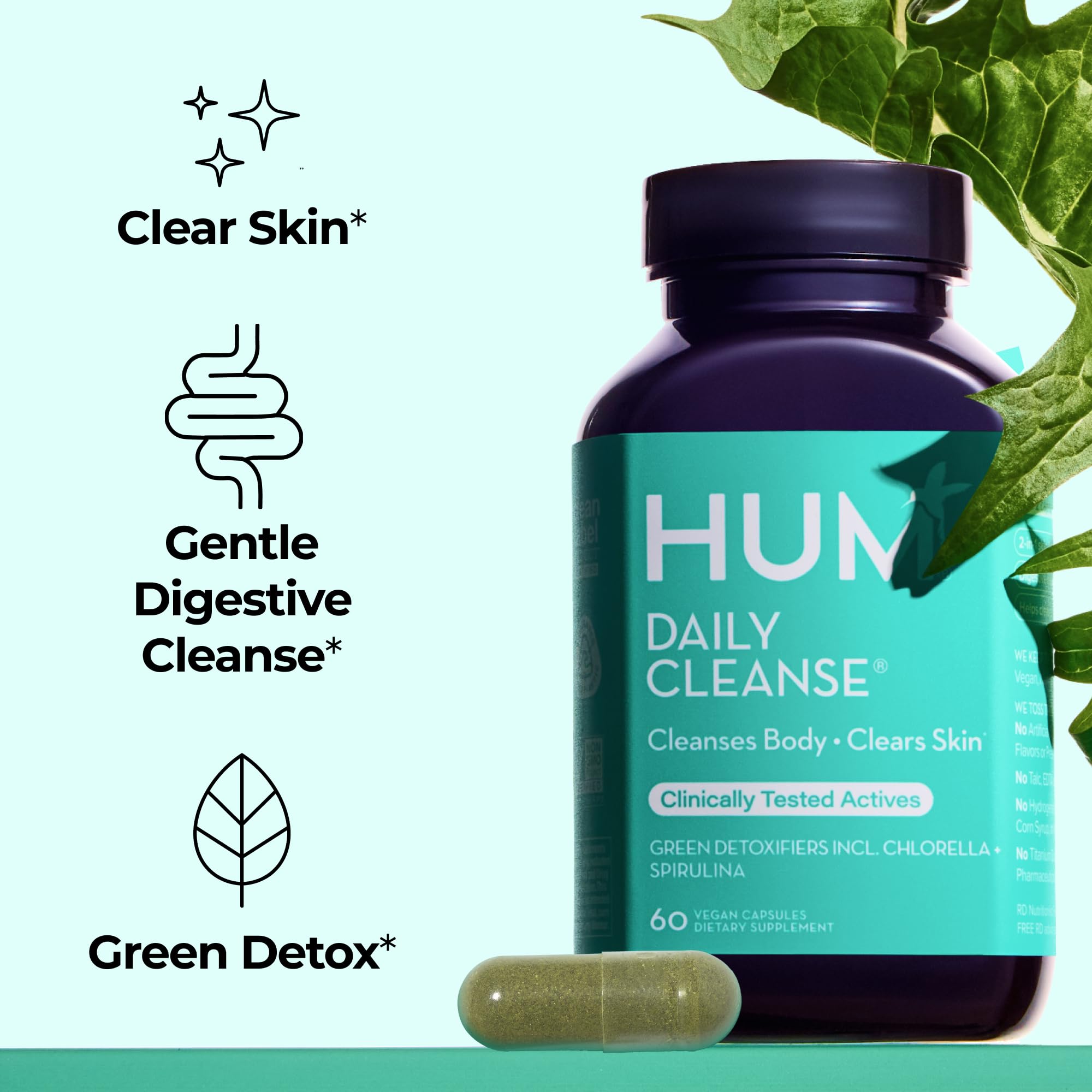 HUM Daily Cleanse bottle side view highlighting vegan, non-GMO formula.