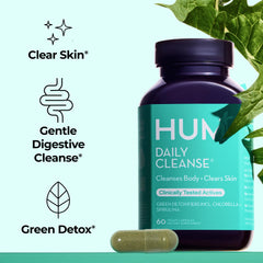 HUM Daily Cleanse bottle side view highlighting vegan, non-GMO formula.