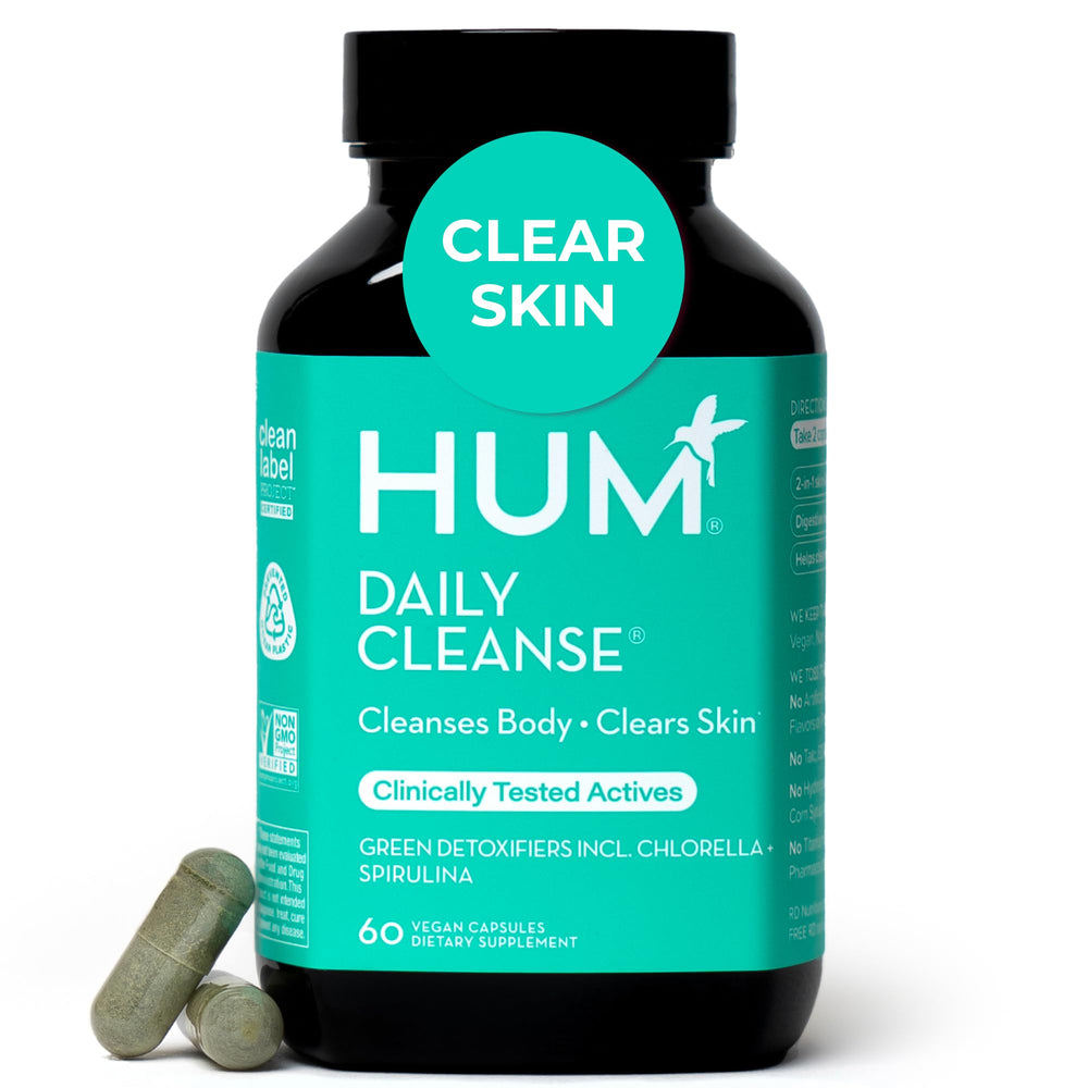 HUM Daily Cleanse packshot showing capsules for clear-looking skin support.