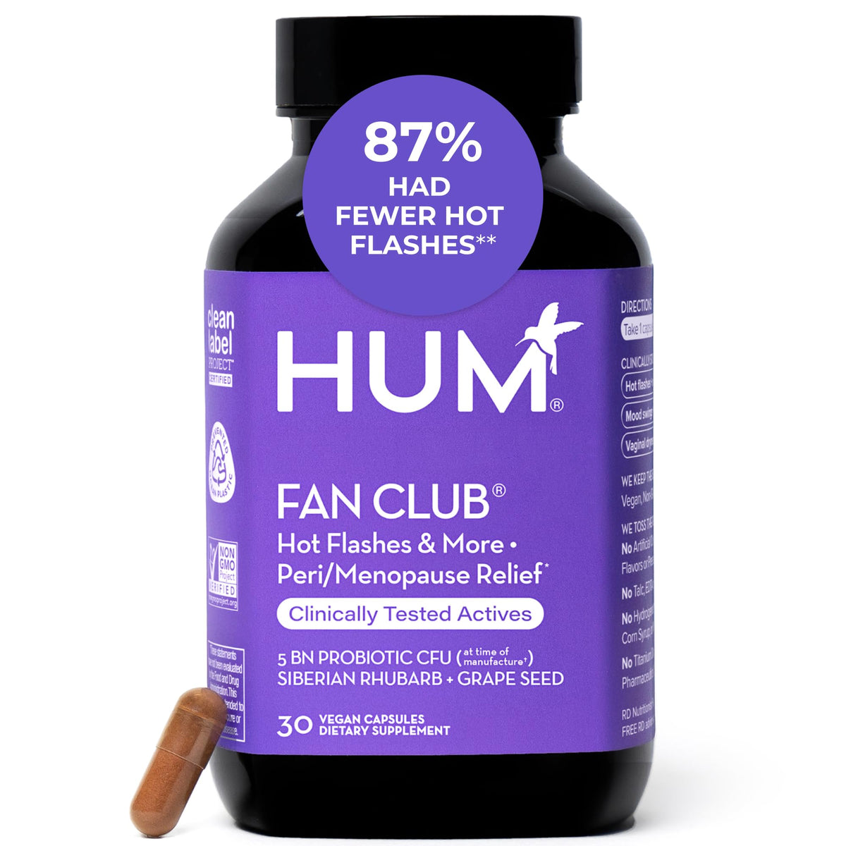 HUM Fan Club menopause probiotic bottle for easy daily energy and comfort during menopause.