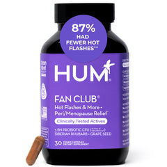 HUM Fan Club menopause probiotic bottle for easy daily energy and comfort during menopause.