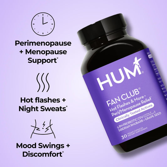 HUM Fan Club probiotic ingredients Siberian rhubarb and grape seed shown as key components.