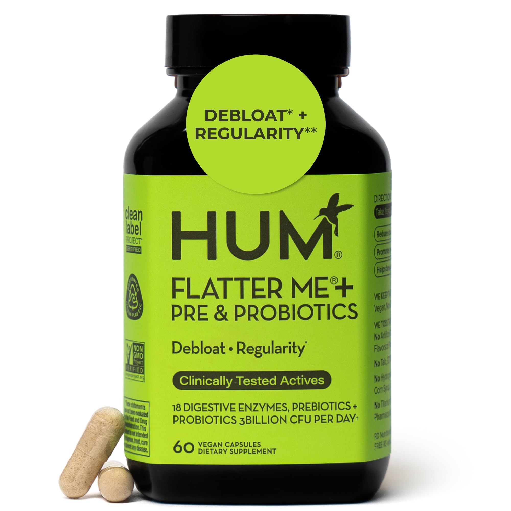 HUM Flatter Me bottle with capsules provides post-meal bloating support.