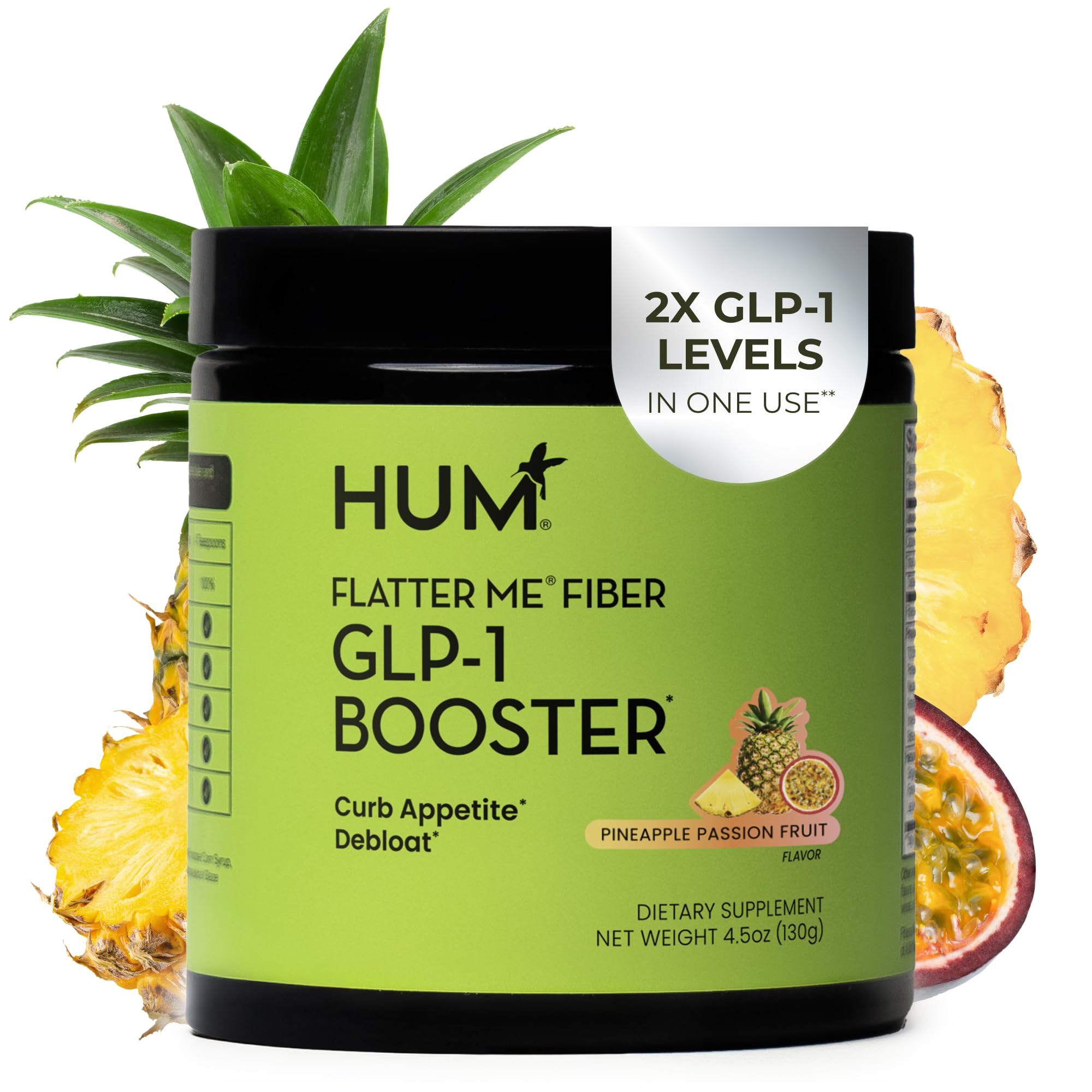 HUM Flatter Me Fiber GLP-1 Booster container promotes easy daily use for appetite awareness.
